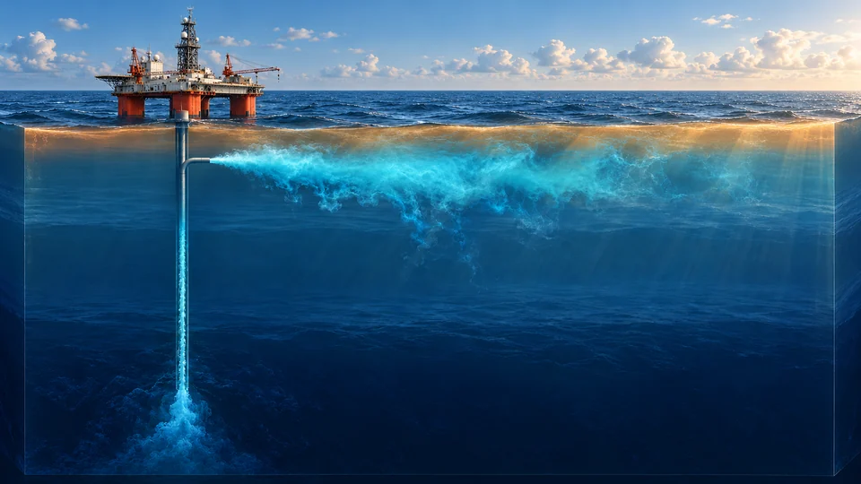 MOOP-style rig connected to a deep-water intake pipe, with a submerged outlet mixing cooler water into the upper ocean