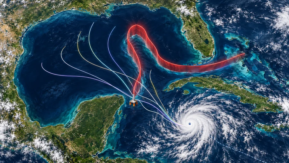 Concept map of a transparent red Thermal Wall along the Loop Current and a fictional hurricane approaching along several illustrative tracks