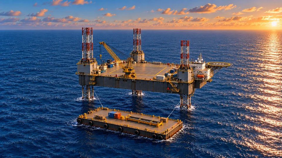Three-legged jack-up recovery concept with an open deck, handling crane, and transfer barge
