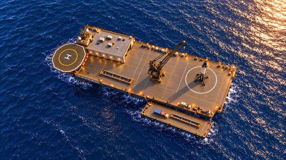 Overhead view of the SBRP semi-submersible recovery concept, handling area, and transfer barge